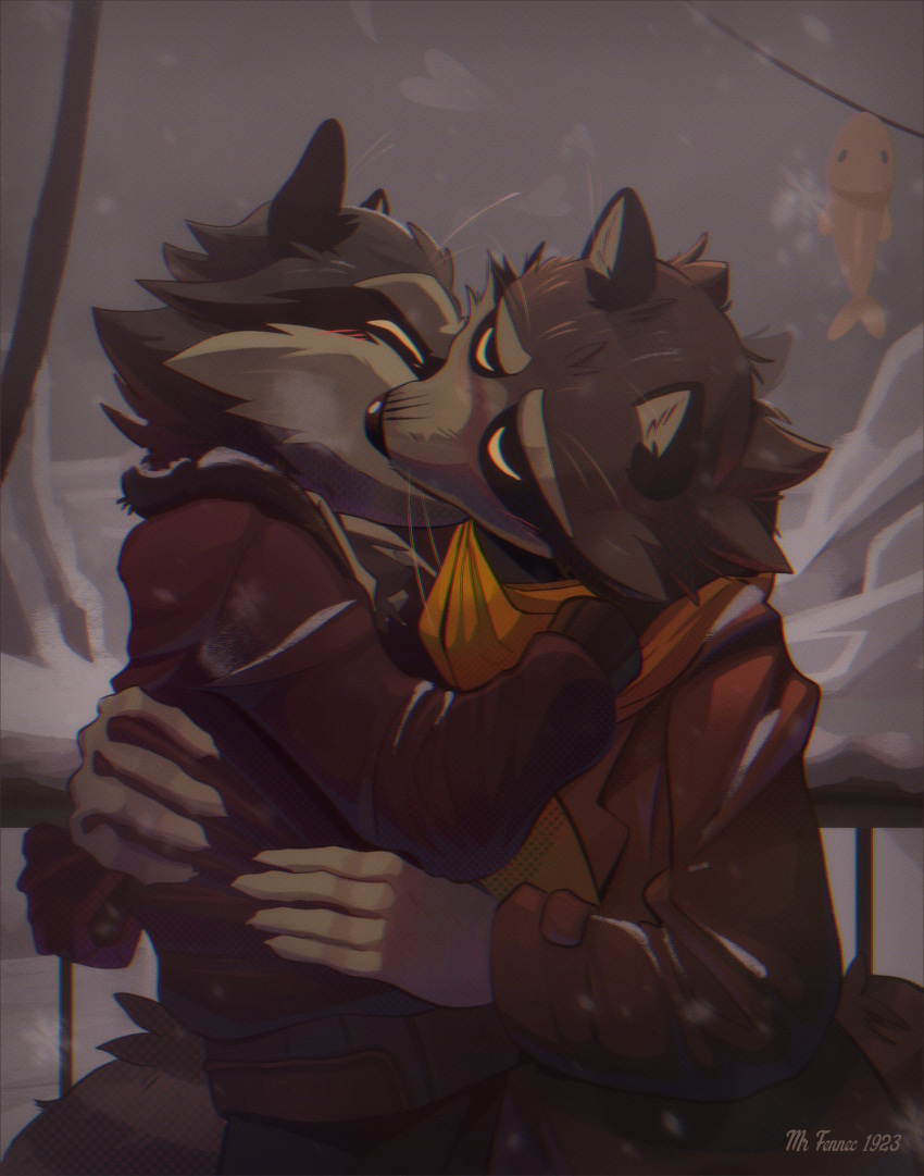 2023 anthro biped blush closed_eyes clothed clothing detailed_background duo hi_res howard_lotor hug kissing larry_(tails_noir) love male male/male mammal outside procyonid raccoon romantic scarf srfennec sweater tails_noir topwear