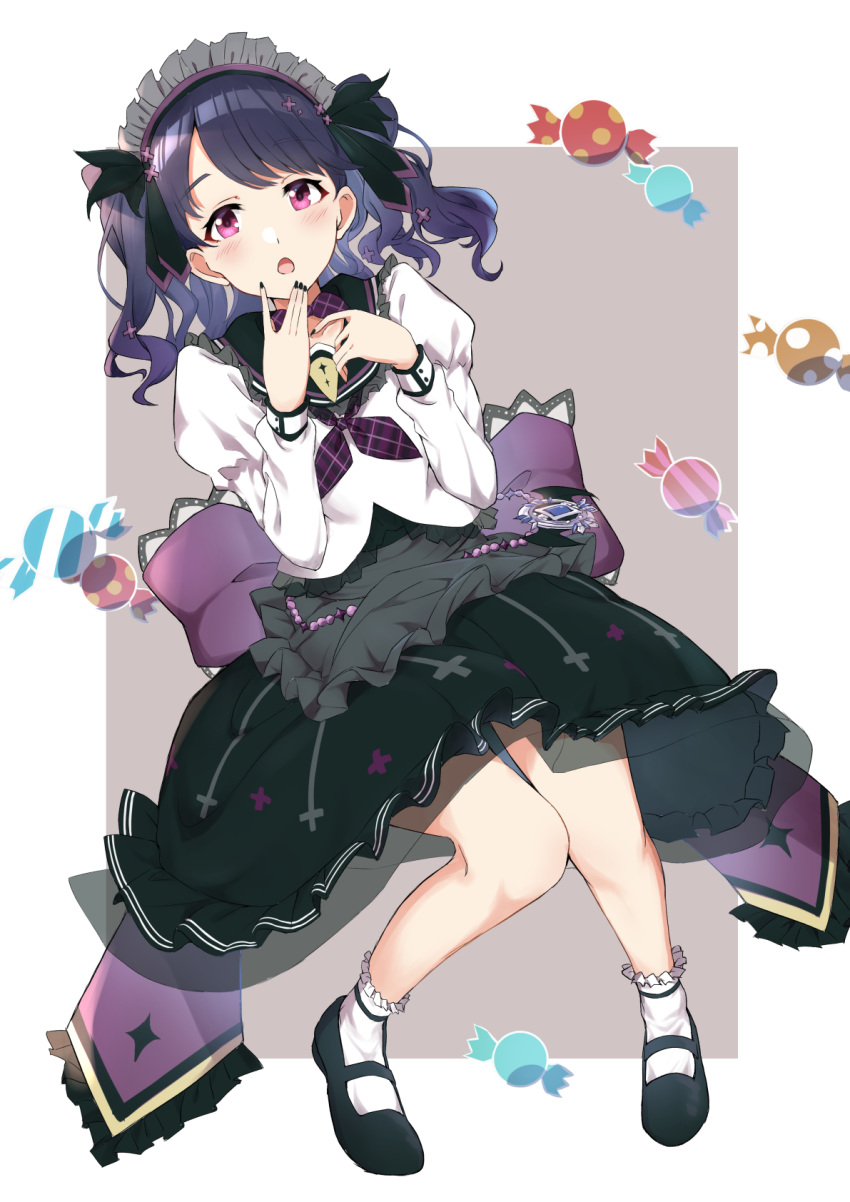 :o black_footwear black_hair black_nails black_ribbon black_skirt blouse bubble_skirt candy commentary_request costume female food frilled_socks frills fukumaru_koito full_body hair_ribbon headdress highres idolmaster idolmaster_shiny_colors juliet_sleeves kagari_liroi long_sleeves looking_at_viewer mary_janes nail_polish neckerchief open_mouth puffy_sleeves purple_eyes ribbon sailor_collar shirt shoes simple_background skirt socks solo twintails white_shirt white_socks