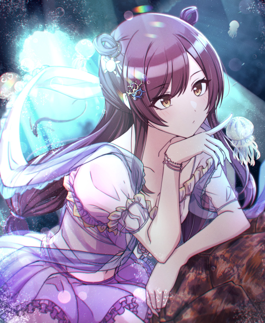 absurdres air_bubble alternate_hairstyle blush bow bracelet breasts brown_hair bubble cleavage closed_mouth collarbone coral_hair_ornament dot_nose elbow_rest female frilled_shirt frilled_skirt frills hair_rings hair_tie hand_up highres idolmaster idolmaster_shiny_colors jellyfish jewelry kusaka_io long_hair looking_at_another low-tied_long_hair low_ponytail midriff navel orihime_(tanabata) osaki_amana ponytail purple_shirt purple_skirt rainbow_gradient see-through see-through_shawl see-through_sleeves shawl shirt short_sleeves sitting skirt solo swept_bangs the_weaver_girl_and_the_cowherd turtle turtle_shell underwater white_bow yellow_eyes