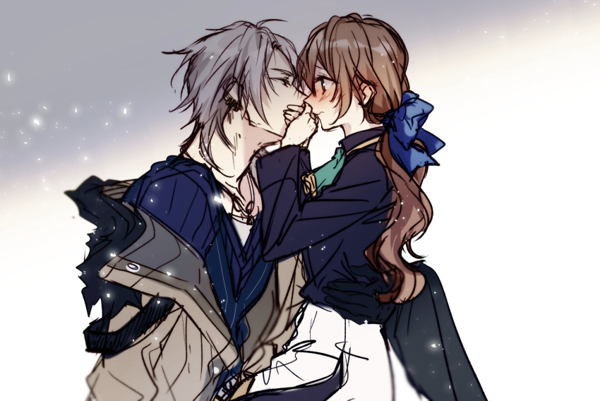 1boy ascot black_shirt blue_shirt blush bow brown_coat brown_hair closed_mouth coat commentary couple covering_another's_mouth crow_armbrust earrings eiyuu_densetsu face-to-face female from_side fur-trimmed_coat fur_trim green_ascot grey_background grey_hair hairbow hand_over_another's_mouth highres jewelry light_particles long_hair looking_at_another miniskirt off_shoulder own_hands_together ponytail profile red_eyes ribbed_shirt sen_no_kiseki shirt short_hair simple_background skirt soap_(user_kghh4755) straight towa_herschel two-tone_background white_background white_skirt