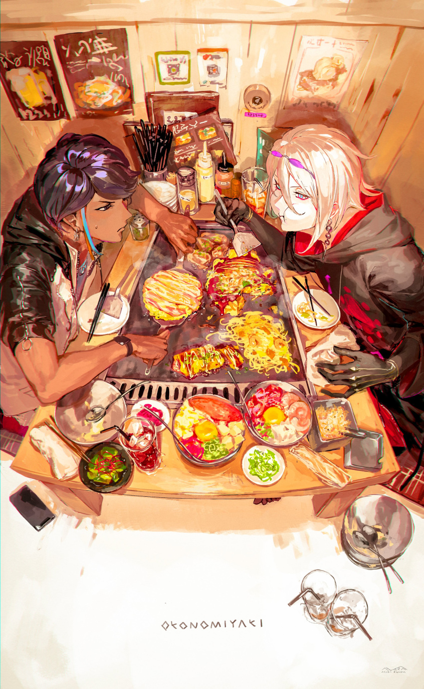 2boys absurdres arjuna_(fate) arjuna_(under_the_same_sky)_(fate) bendy_straw black_eyes black_gloves black_hair black_hoodie black_jacket blue_eyes bowl cheek_bulge chopsticks commentary contemporary cooking cup dark_skin drinking_straw earrings eating egawa_akira fate/grand_order fate_(series) food gloves griddle highres holding holding_spatula hood hoodie indoors jacket jewelry karna_(fate) karna_(under_the_same_sky)_(fate) multicolored_clothes multicolored_jacket multiple_boys noodles okonomiyaki pink_pupils poster_(object) restaurant romaji_text sauce spatula spoon sweatdrop swept_bangs two-tone_jacket upper_body watch white_hair white_jacket wristwatch