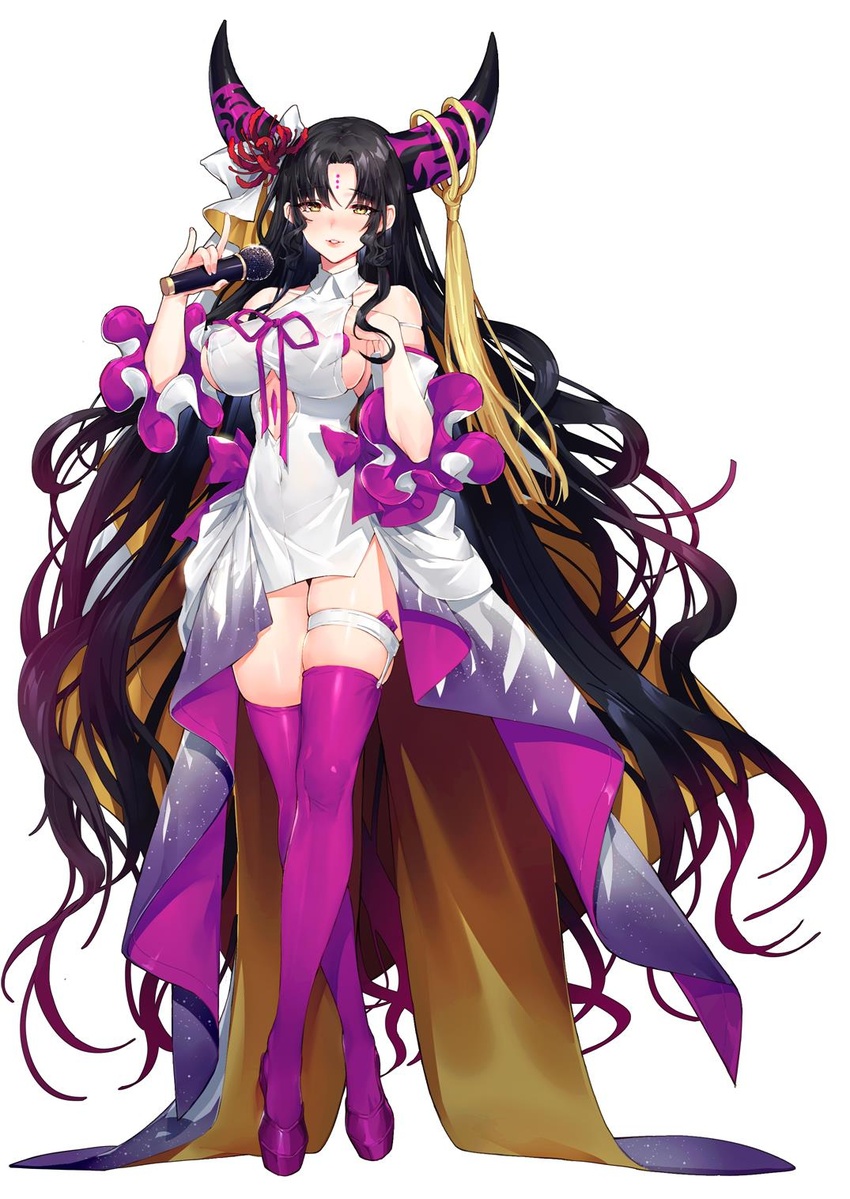 \n/ black_hair breasts chest_tattoo chinese_commentary facial_mark fate/extra fate/extra_ccc fate/grand_order fate_(series) female forehead_mark full_body heart_pasties high_heels highres holding holding_microphone horn_ornament horn_ring horns iiiroha large_breasts long_hair microphone pasties purple_footwear purple_thighhighs sessyoin_kiara simple_background solo standing tattoo thigh_strap thighhighs very_long_hair wavy_hair white_background yellow_eyes