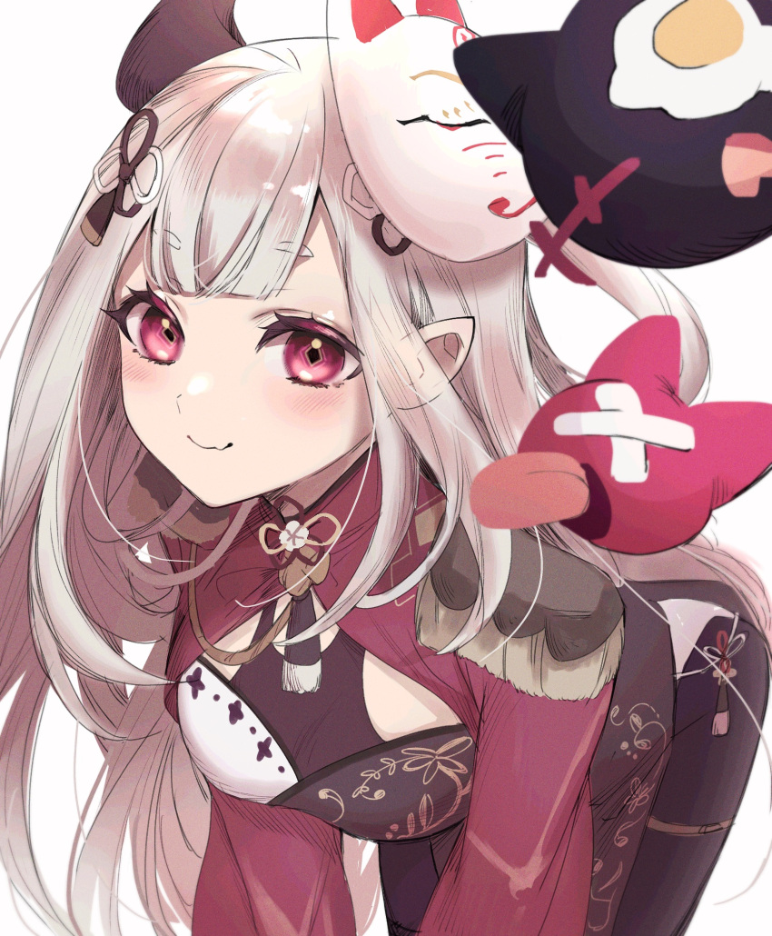 blonde_hair blush breasts demon_girl demon_horns female fox_mask highres horns looking_at_viewer mask mask_on_head naraka_(1st_costume)_(nijisanji) naraka_(nijisanji) nijisanji pale_skin pink_eyes pointy_ears solo sorano tight_clothes virtual_youtuber