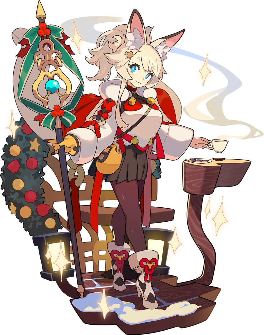 +_+ :3 animal_ears artist_request black_pantyhose black_skirt blonde_hair blue_eyes blush breasts chair chocolate christmas christmas_ornaments closed_mouth crossed_legs cup eyeliner female fox_ears fox_girl fox_shadow_puppet fox_tail full_body fur-trimmed_footwear fur_collar fur_trim gloves green_ribbons hair_ornament hairclip happy high_heels highres holding holding_cup holding_staff holly inaho_(world_flipper) lantern light_blush long_hair long_sleeves looking_at_viewer makeup medium_breasts miniskirt non-web_source official_art pantyhose plate pleated_skirt ponytail red_eyeliner red_ribbon ribbon saucer shiny_clothes shoes sidelocks single_glove skirt smile snow solo sparkle staff standing star_(symbol) sweater table tail teacup transparent_background watson_cross white_footwear white_sweater wide_sleeves world_flipper wreath yellow_gloves