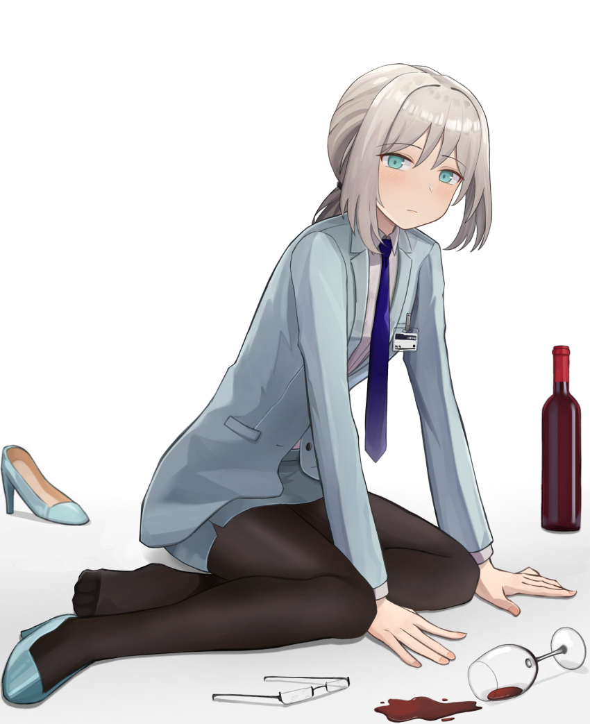 absurdres alcohol an-94_(antje)_(girls'_frontline) an-94_(girls'_frontline) aqua_eyes aqua_jacket black_pantyhose blonde_hair blue_necktie blush bottle broken_eyewear business_suit commentary commission cup drinking_glass fallen_down female gamryous girls'_frontline glasses high_heels highres jacket legs looking_at_viewer necktie no_shoes official_alternate_costume on_floor over-rim_eyewear pantyhose pixiv_commission ponytail red_wine semi-rimless_eyewear shoes sidelocks single_shoe solo spill suit toes white_background wine wine_bottle wine_glass