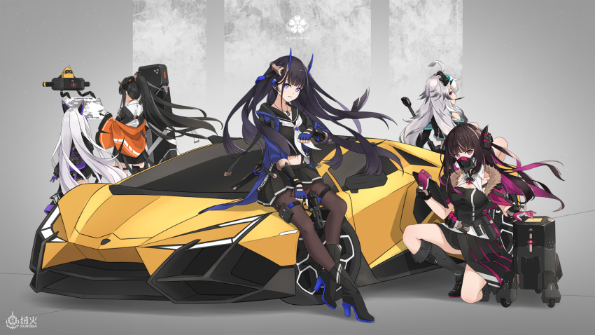 5girls ahoge alternate_costume azur_lane black_footwear black_hair black_legwear black_sailor_collar black_skirt blue_eyes boots car chiappa_rhino commentary_request dog_tags dress grey_hair gun head_tilt hibiki_(azur_lane) high_heel_boots high_heels highres holding holding_gun holding_weapon horns kasumi_(azur_lane) knee_boots kuroba_chihiro lamborghini lamborghini_forsennato long_hair looking_at_viewer mask mechanical_horns midriff midriff_peek motor_vehicle mouth_mask multicolored_hair multiple_girls neckerchief noshiro_(azur_lane) on_one_knee oni_horns pantyhose pleated_skirt ponytail purple_eyes ryuuhou_(azur_lane) sailor_collar sailor_dress sheep_horns skirt sports_car streaked_hair suruga_(azur_lane) vehicle_focus weapon white_hair white_neckerchief