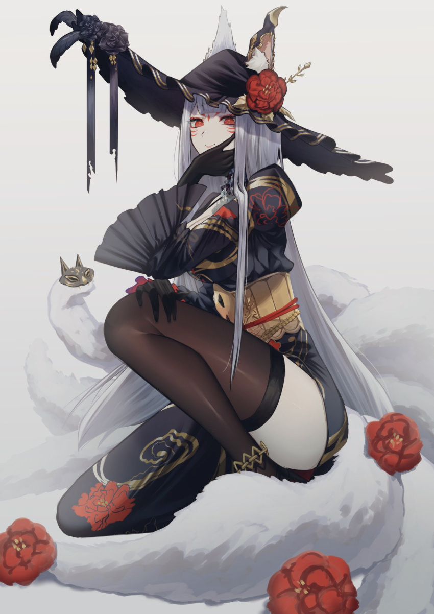 animal_ear_fluff animal_ears black_dress black_hat black_thighhighs commentary dress ear_covers facial_mark female flower forehead_mark fox_ears fox_girl fox_tail grey_hair hand_on_own_cheek hand_on_own_face hat hat_flower highres long_hair looking_at_viewer manasuke_(_ninoninini) mask multiple_tails nijisanji nijisanji_en nina_kosaka nina_kosaka_(2nd_costume) official_alternate_costume red_eyes red_flower robert_(nina_kosaka) single_ear_cover sitting smile solo straight_hair symbol-only_commentary tail thighhighs underbust very_long_hair virtual_youtuber wide_sleeves