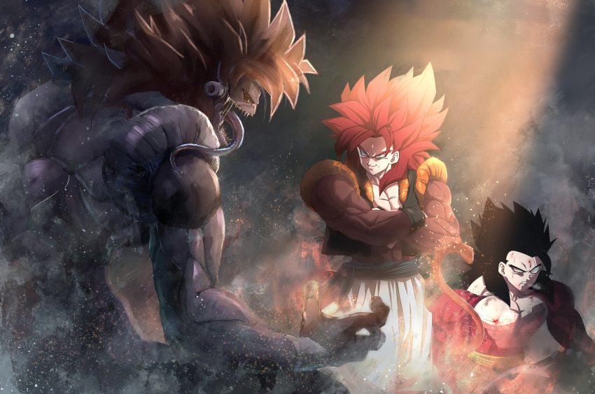 3boys absurdres aqua_eyes black_hair bleeding blood body_fur closed_mouth commentary crossed_arms dark_gogeta dragon_ball dragon_ball_gt dragon_ball_heroes fin_(dragon_ball) fingernails gogeta greymon_(nodoame1215) highres long_hair male_focus metamoran_vest multiple_boys muscular muscular_male orange_hair pants parted_lips red_hair sash scrape sharp_teeth smile son_gohan son_gohan_(xeno) spiked_hair super_saiyan super_saiyan_4 sweat tail teeth tongue tongue_out yellow_eyes