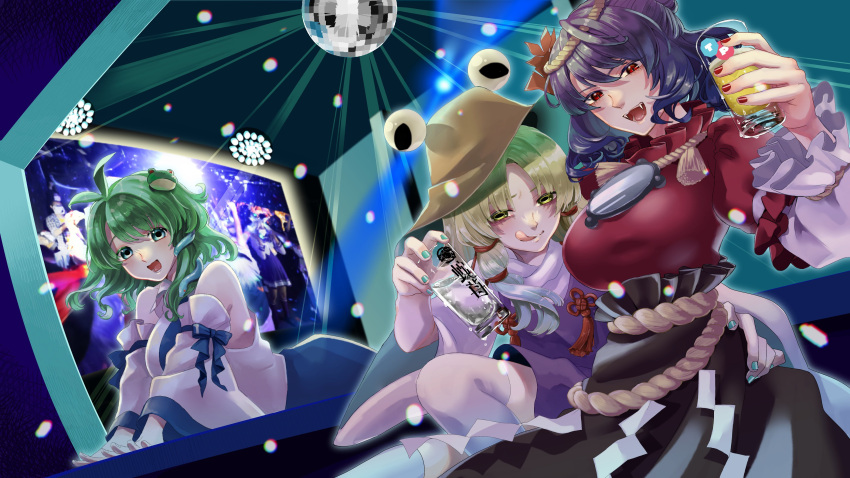 absurdres autumn_leaves blonde_hair blue_hair blue_ribbon blue_skirt breasts brown_headwear cup detached_sleeves disco_ball dress fangs fangs_out frilled_skirt frilled_sleeves frills frog_girl frog_hair_ornament glass green_eyes green_hair hair_ornament hand_on_another's_hip hat highres holding holding_cup horizontal_pupils kochiya_sanae large_breasts layered_shirt layered_sleeves leaf leaf_hair_ornament long_hair long_skirt long_sleeves mirror moriya_suwako multiple_girls nail_polish nurse_cap puffy_short_sleeves puffy_sleeves purple_dress red_hair red_skirt ribbon rope shirt short_hair short_sleeves sitting skirt slit_pupils snake_hair_ornament thighhighs tongue tongue_out touhou white_shirt white_thighhighs whoru wide_sleeves yasaka_kanako yellow_eyes