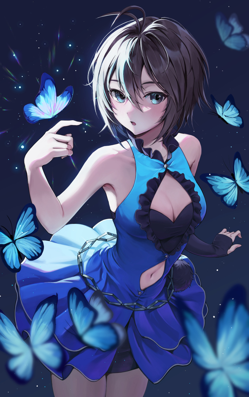 :o absurdres antenna_hair armpits bad_id bad_pixiv_id bare_shoulders black_dress black_gloves blue_background blue_butterfly blue_theme blurry blurry_foreground blush breasts bridal_gauntlets brown_eyes brown_hair bug butterfly cleavage cleavage_cutout clothing_cutout cowboy_shot dark depth_of_field dress elbow_gloves female flying frilled_dress frills gloves glowing gradient_background hair_between_eyes hand_up hd_(sw4189101) highres idolmaster index_finger_raised kikuchi_makoto leaning_forward light_particles long_bangs looking_at_viewer medium_breasts midriff navel navel_cutout open_mouth outstretched_arm short_dress short_hair single_elbow_glove single_glove sleeveless sleeveless_dress solo standing turning_head two-tone_dress