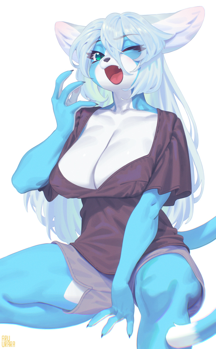 2022 anthro aruurara big_breasts blue_body blue_fur breasts crouching cute_fangs digital_media_(artwork) domestic_cat felid feline felis female female_anthro fur green_eyes hair hashimoto-chan hi_res kemono mammal multicolored_body multicolored_fur one_eye_closed open_mouth silver_hair solo tongue two_tone_body two_tone_fur white_body white_fur yawn