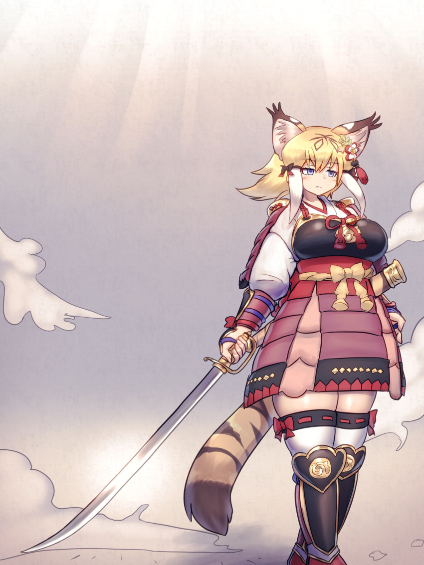 alternate_costume animal_ear_fluff animal_ears armor armored_skirt arms_at_sides blonde_hair blue_eyes bow breasts brown_hair closed_mouth colored_inner_hair day empty_eyes extra_ears feet_out_of_frame female highres holding holding_sword holding_weapon japanese_armor japari_symbol kemono_friends large_breasts long_hair long_sleeves mo23 multicolored_hair outdoors saber_(weapon) smilodon_(kemono_friends) solo sword tail thighhighs walking weapon white_hair zettai_ryouiki