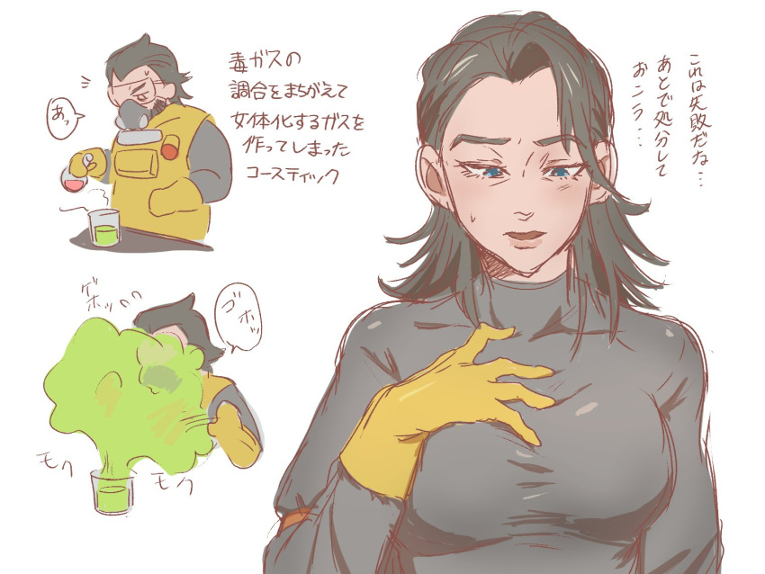 1boy apex_legends beard black_sweater blue_eyes breasts caustic_(apex_legends) explosion facial_hair female genderswap_(mtf) goggles hair_behind_ear hand_on_own_chest kogane_mushi looking_down medium_breasts medium_hair open_mouth rule_63 speech_bubble surprised sweater translation_request white_background