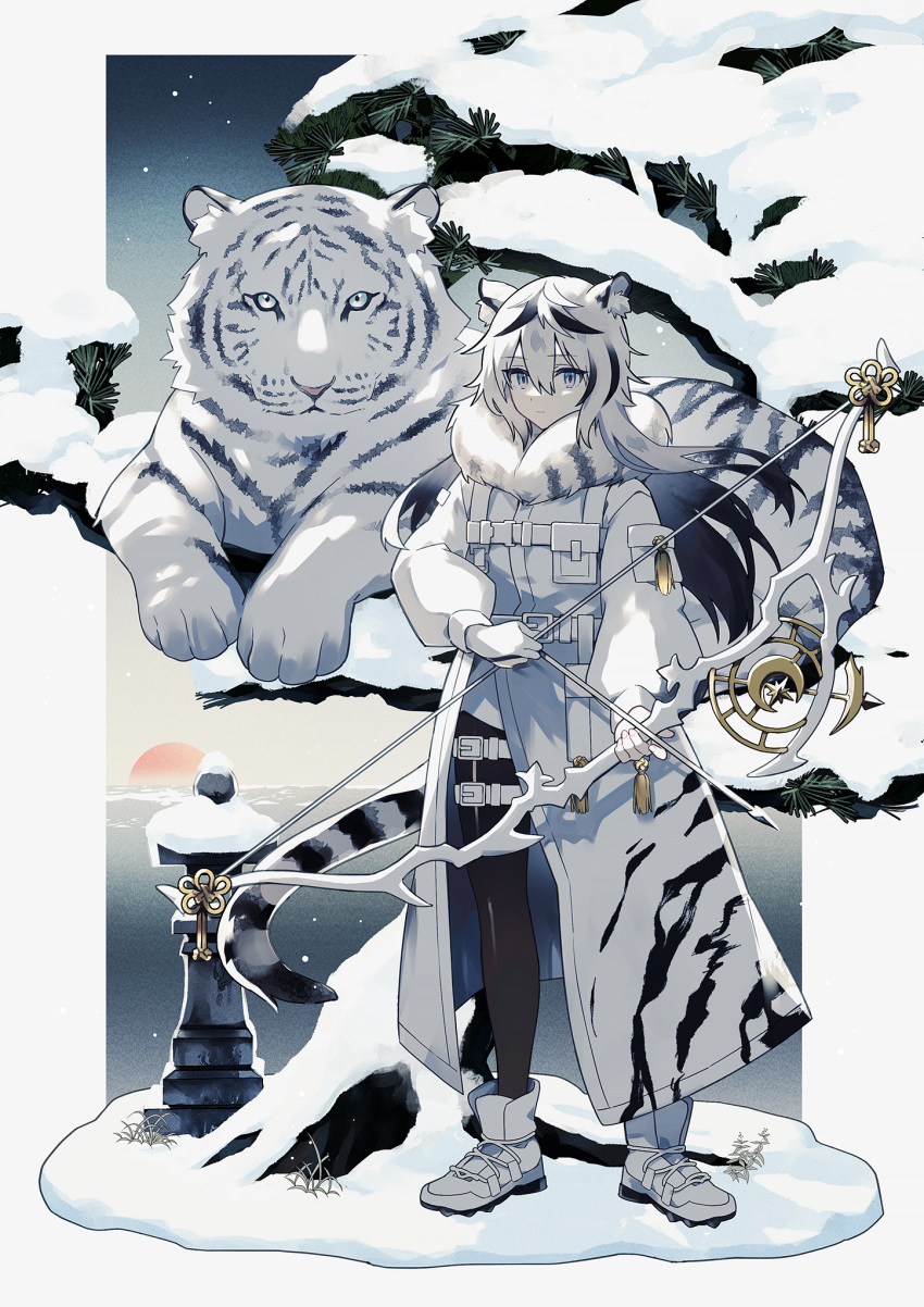 animal animal_ears animal_print arrow_(projectile) black_hair blue_eyes boots bow_(weapon) chinese_zodiac closed_mouth coat expressionless female highres holding holding_bow_(weapon) holding_weapon long_coat looking_at_viewer medium_hair multicolored_hair negiyan nengajou new_year original snow snow_on_tree sun sunset tail tiger tiger_ears tiger_girl tiger_print tiger_tail water weapon white_coat white_hair white_theme year_of_the_tiger