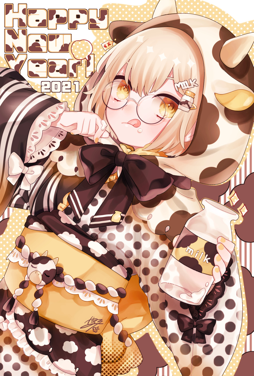 2021 absurdres animal_ears animal_hood animal_print blonde_hair bovine cow_ears cow_girl cow_horns cow_print fake_animal_ears female glasses highres hood horns looking_at_viewer nengajou new_year orange_eyes original pale_skin solo tongue tongue_out tsubaki_tsubaru