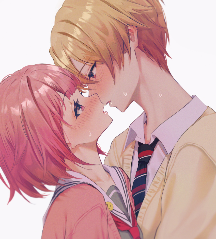 1boy blonde_hair blush cardigan ciawasemono collared_shirt commentary_request couple diagonal-striped_clothes diagonal-striped_necktie ear_blush eye_contact eyelashes female from_side gradient_hair head_tilt highres imminent_kiss kamiyama_high_school_uniform_(project_sekai) long_sleeves looking_at_another miyamasuzaka_girls'_academy_school_uniform multicolored_hair neckerchief necktie ootori_emu open_mouth orange_eyes pink_cardigan pink_eyes pink_hair project_sekai red_neckerchief sailor_collar school_uniform serafuku shirt short_hair simple_background standing straight striped_clothes striped_necktie sweat tenma_tsukasa upper_body white_background white_shirt wing_collar yellow_cardigan