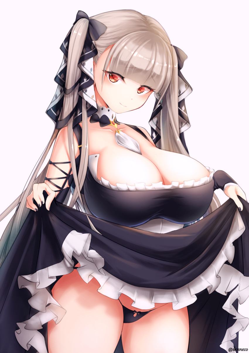 absurdres azur_lane bare_shoulders between_breasts black_dress black_nails black_panties black_ribbon breasts cleavage clothes_lift commentary_request cowboy_shot detached_collar dress dress_lift female formidable_(azur_lane) frilled_dress frills gothic_lolita highres huge_breasts lolita_fashion long_hair looking_at_viewer monneko panties partial_commentary platinum_blonde_hair red_eyes ribbon skirt_hold solo standing string_panties twintails two-tone_dress two-tone_ribbon underwear very_long_hair