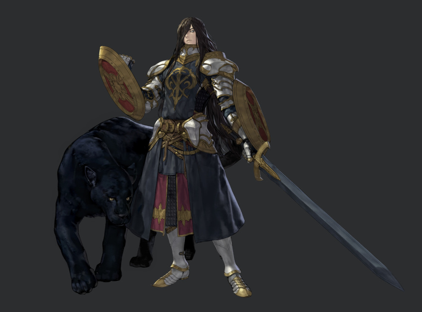 1boy armor armored_boots black_panther boots brown_hair cape chainmail closed_mouth commentary english_commentary faulds full_body gauntlets grey_background grey_eyes hair_over_one_eye highres holding holding_shield holding_sword holding_weapon jaeyeong long_hair looking_at_viewer male_focus multiple_shields one_eye_covered original pauldrons shield shoulder_armor simple_background solo standing sword tabard waist_cape weapon