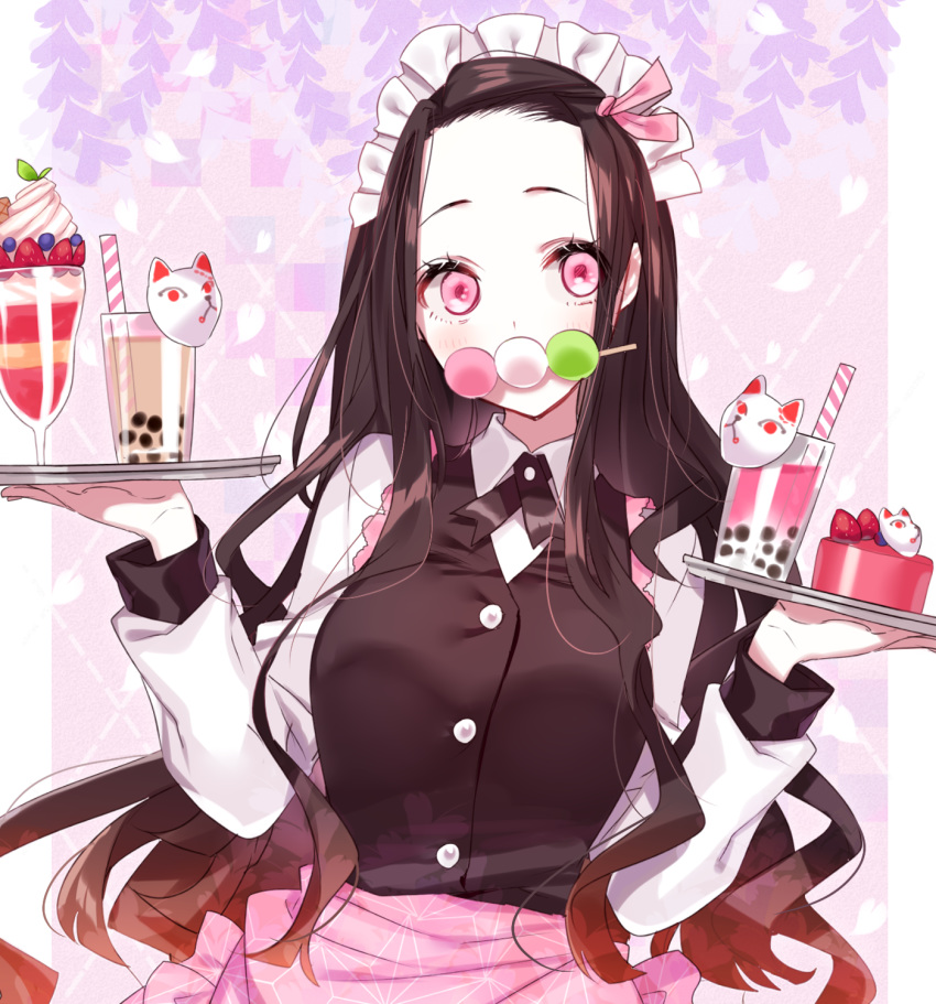 apron black_hair black_vest blush breasts brown_hair bubble_tea collared_shirt commentary dango drinking_straw female food food_in_mouth forehead fox_mask fruit gradient_hair hair_ribbon highres holding holding_tray kamado_nezuko kimetsu_no_yaiba long_sleeves looking_at_viewer maid_headdress mask medium_breasts misumi_(macaroni) mouth_hold multicolored_hair parfait parted_bangs pink_apron pink_eyes pink_ribbon ribbon sanshoku_dango shirt solo strawberry sweets_paradise tray upper_body vest wagashi waitress white_shirt