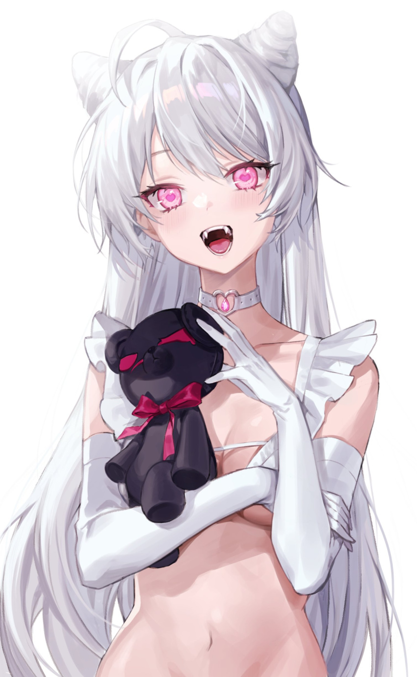 :d absurdres ahoge bad_id bad_twitter_id breasts choker chungu cone_hair_bun elbow_gloves fangs female gloves grey_hair hair_bun head_tilt heart heart-shaped_pupils highres holding holding_stuffed_toy looking_at_viewer medium_breasts navel o-ring o-ring_choker open_mouth original pink_eyes simple_background smile solo stuffed_animal stuffed_toy symbol-shaped_pupils teddy_bear upper_body white_background white_gloves