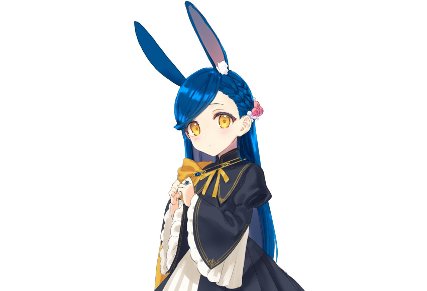 animal_ears blue_hair braids bunny_ears bunnygirl cape dress honzuki_no_gekokujou hoodie long_hair myne ribbons rimo white yellow_eyes