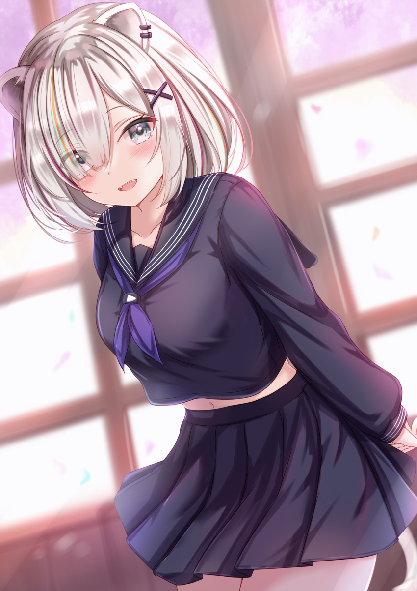 animal_ears aogami_high_school_uniform arms_behind_back black_sailor_collar black_serafuku black_skirt blonde_hair blue_eyes blush breasts commentary_request cowboy_shot dutch_angle female grey_eyes grey_hair hair_ornament highres hololive hololive_error indoors large_breasts lion_ears lion_girl looking_at_viewer medium_hair multicolored_hair navel neckerchief official_alternate_costume official_alternate_hair_length official_alternate_hairstyle open_mouth pleated_skirt purple_neckerchief red_hair sailor_collar school_uniform serafuku shishiro_botan skirt smile solo standing streaked_hair tail virtual_youtuber x_hair_ornament yuano