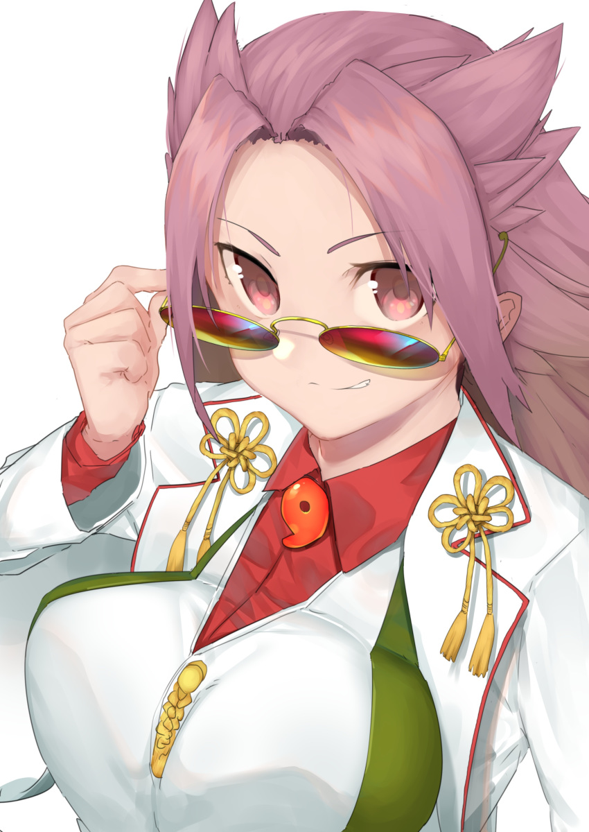 absurdres adjusting_eyewear blouse breasts female grin highres jun'you_(kancolle) jun'you_kai_ni_(kancolle) kantai_collection large_breasts long_hair long_sleeves magatama nanao_(aoyamahikari) pink_eyes purple_eyes shirt simple_background smile solo spiked_hair sunglasses upper_body white_background