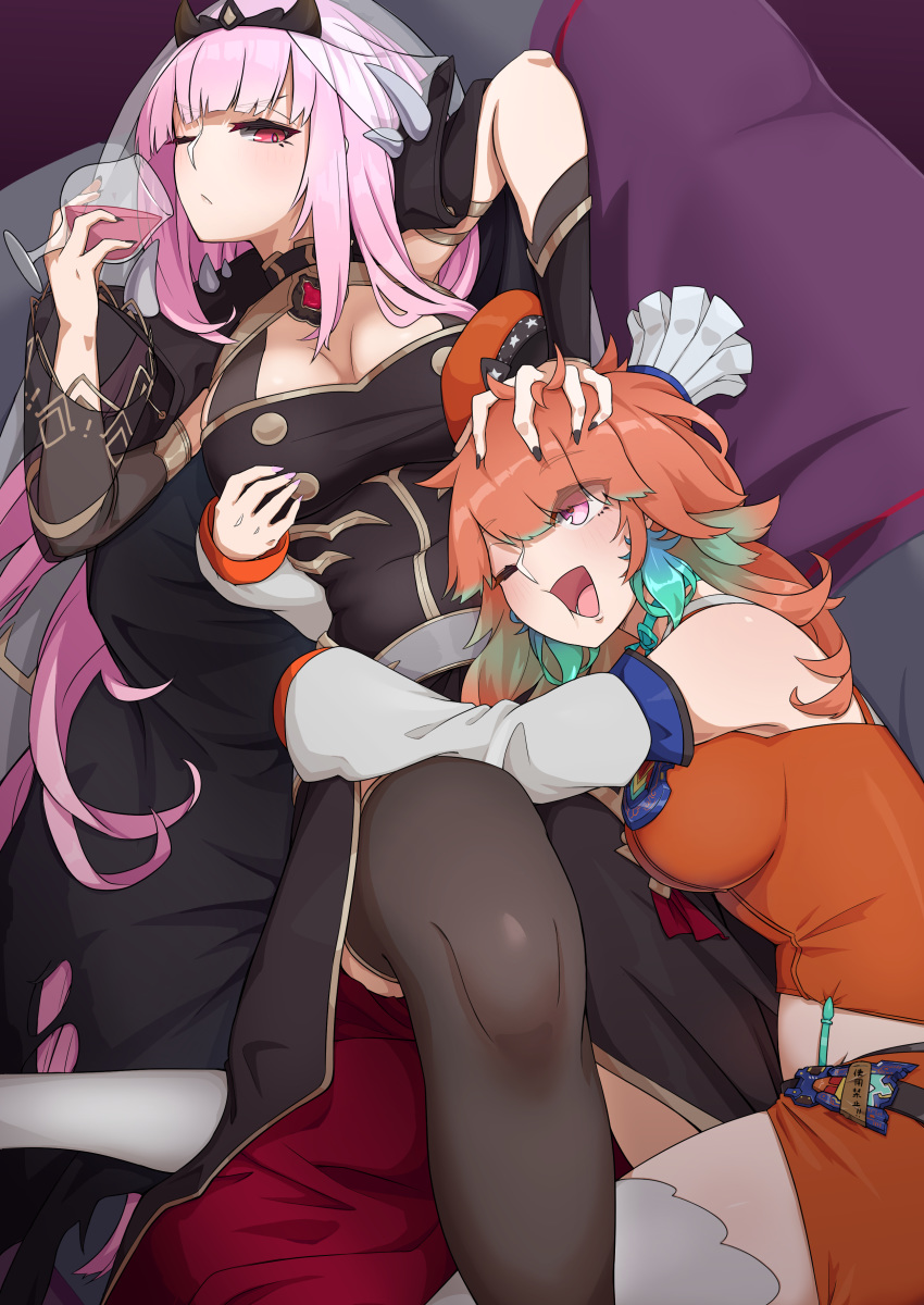 2girls absurdres bare_shoulders belt black_belt black_dress black_nails black_sleeves black_thighhighs blue_ribbon breasts chef_hat cleavage commentary_request couch crop_top detached_sleeves dress grabbing grabbing_another's_breast gradient_hair hand_on_another's_head hat highres hololive hololive_english hug large_breasts long_hair lying midriff miniskirt mori_calliope mori_calliope_(1st_costume) multicolored_hair multiple_girls neck_ribbon on_back one_eye_closed open_mouth orange_hair pink_eyes pink_hair red_headwear red_shirt red_skirt ribbon rlin shirt shoulder_spikes skirt sleeveless sleeveless_shirt smile spikes takanashi_kiara takanashi_kiara_(1st_costume) thighhighs tiara veil virtual_youtuber white_sleeves yuri