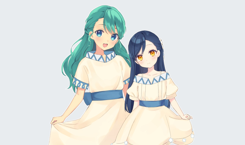 2girls aqua_eyes blue blue_hair blush dress flat_chest green_hair honzuki_no_gekokujou long_hair myne orange_eyes rimo skirt_lift tuuli