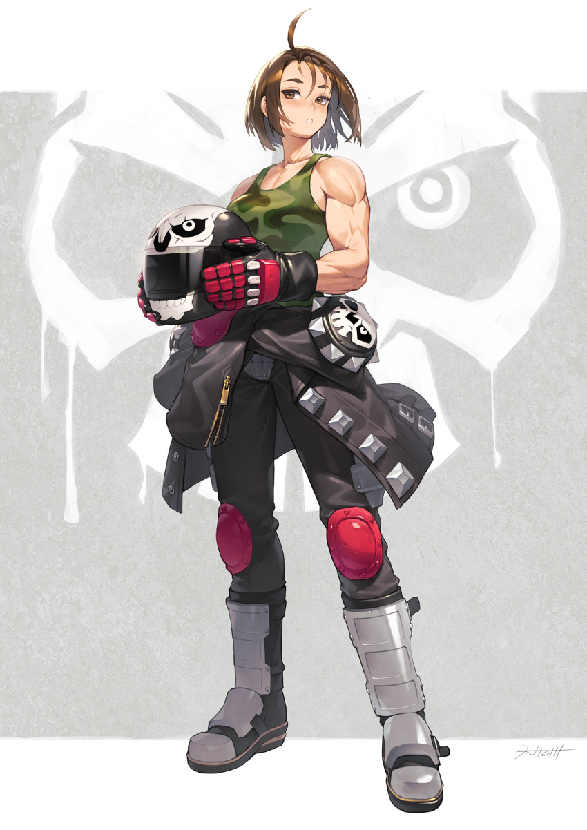 biceps black_jacket black_pants blush brown_eyes brown_hair camouflage_tank_top clothes_around_waist commentary female full_body gloves helmet hichi highres jacket jacket_around_waist justice_gakuen kazama_akira knee_pads looking_at_viewer moero!_justice_gakuen motorcycle_helmet muscular muscular_female pants parted_lips shiritsu_justice_gakuen short_hair skull_print solo standing sweatdrop symbol-only_commentary