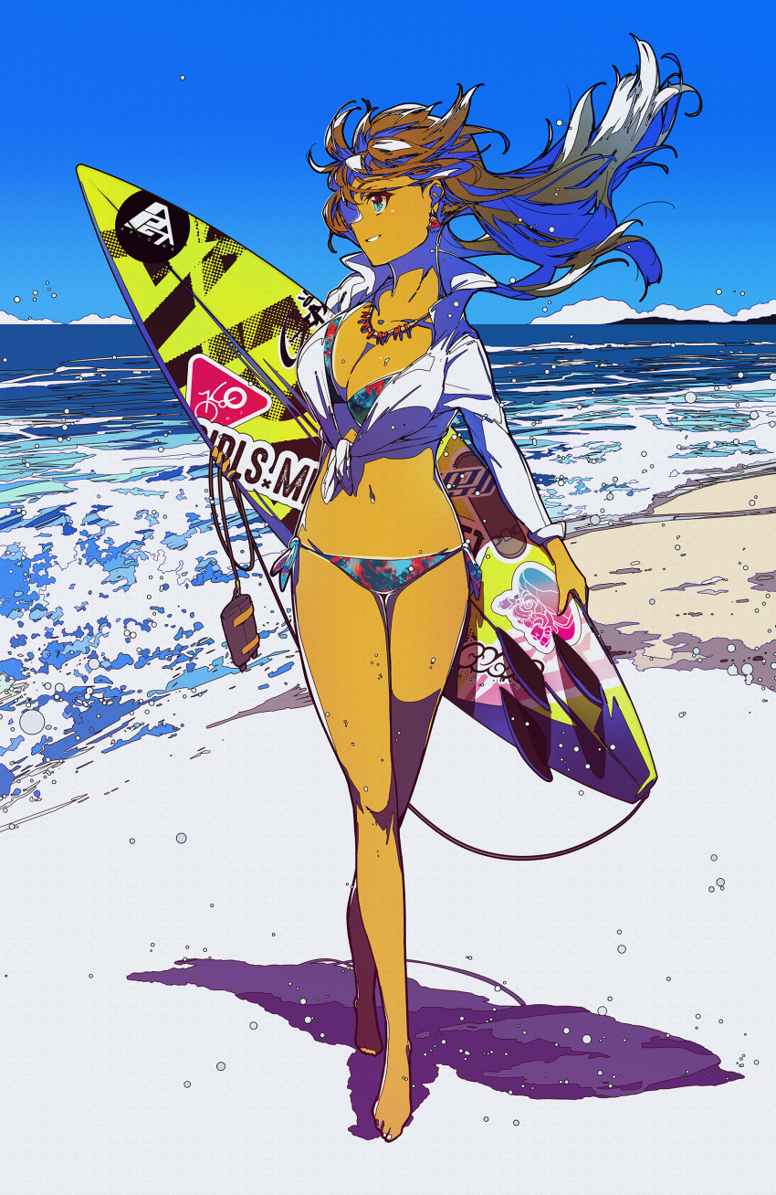 absurdres apapico bikini bikini_under_clothes blue_eyes breasts cleavage dark-skinned_female dark_skin day earrings female highres holding holding_surfboard jewelry long_hair medium_breasts necklace ocean original outdoors photoshop_(medium) profile shadow solo standing surfboard surfboard_leash swimsuit water