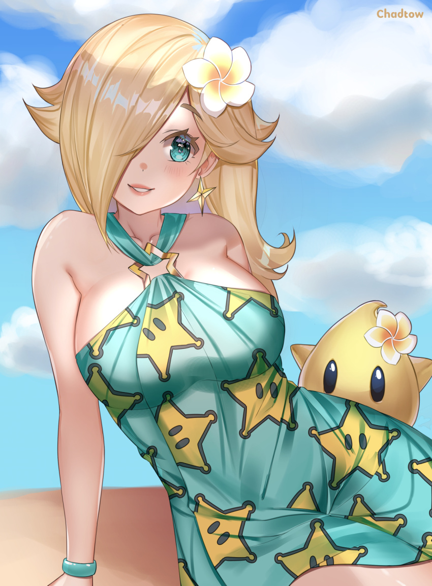 artist_name bare_shoulders blonde_hair blue_dress blue_eyes breasts dress earrings female flower hair_flower hair_ornament hair_over_one_eye highres jewelry long_hair looking_at_viewer luma_(mario) mario_(series) mario_kart mario_kart_tour official_alternate_costume rosalina rosalina_(swimwear) smile star_(symbol) star_earrings star_print wristband yanting_sun