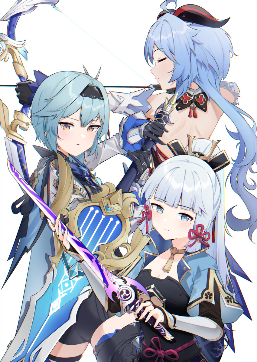 3girls absurdres ahoge amos'_bow_(genshin_impact) armor back bare_shoulders black_gloves black_thighhighs blue_eyes blue_hair bow_(weapon) breastplate cape closed_eyes detached_sleeves drawing_bow eula_(genshin_impact) ganyu_(genshin_impact) genshin_impact gloves goat_horns greatsword hair_ornament hairband highres holding holding_bow_(weapon) holding_sword holding_weapon horns kamisato_ayaka kamisato_clan_(emblem) long_hair long_sleeves looking_at_viewer mistsplitter_reforged_(genshin_impact) mole mole_under_eye multiple_girls ponytail song_of_broken_pines_(genshin_impact) steeb sword thighhighs weapon white_hair yellow_eyes