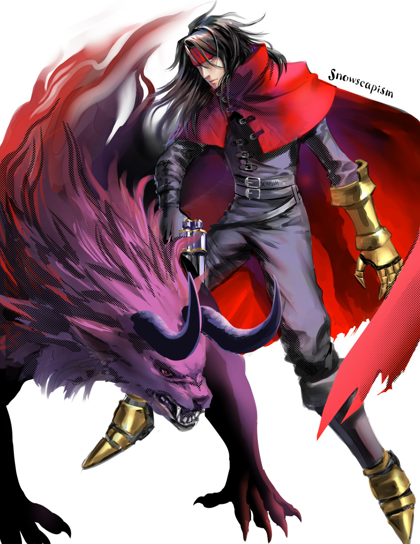 1boy absurdres black_hair clawed_gauntlets cloak final_fantasy final_fantasy_vii gun headband highres horns leather long_hair male_focus messy_hair monster pointed_footwear red_cloak red_eyes red_headband revolver snowscapism torn_clothes vincent_valentine weapon white_background