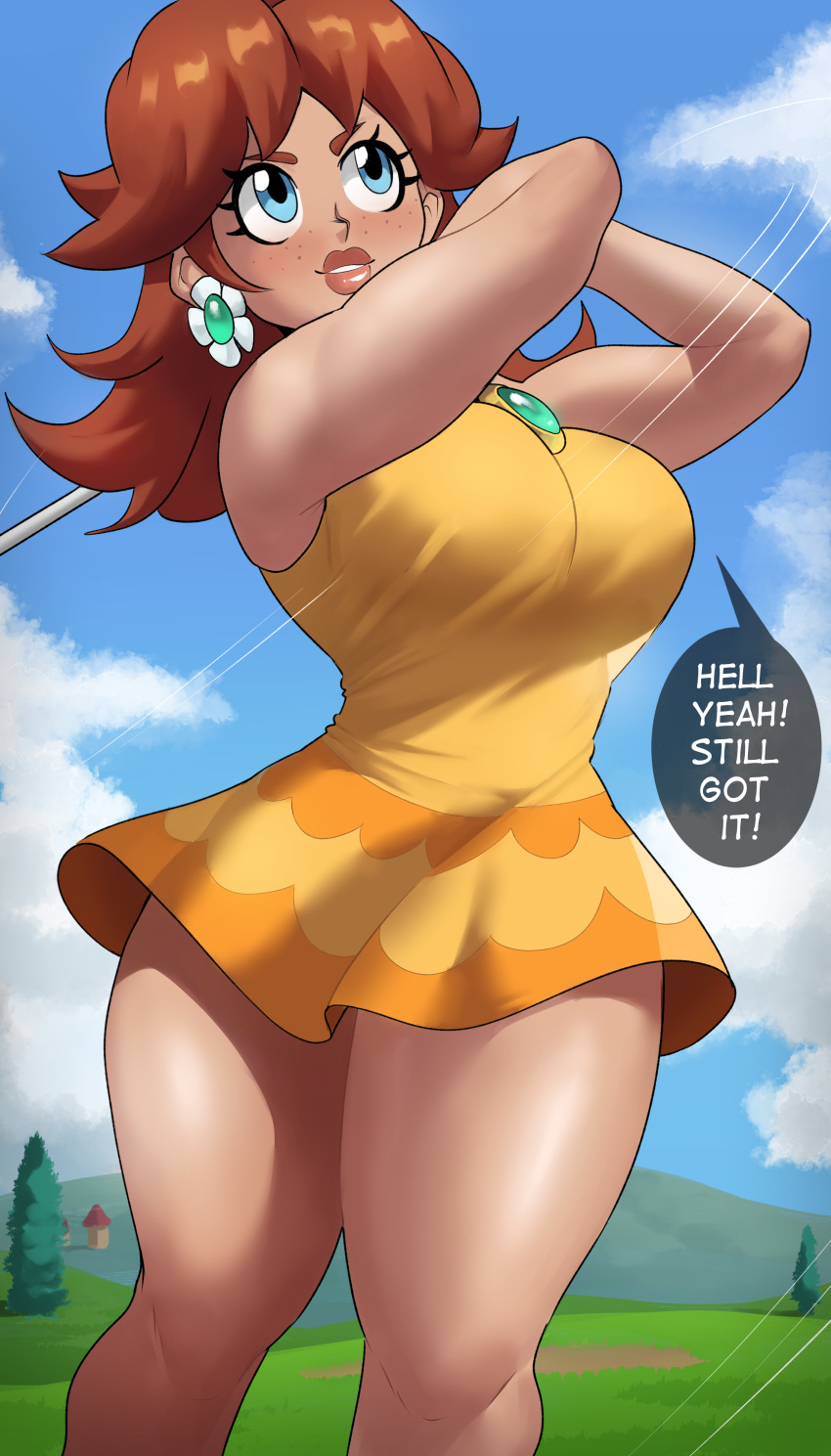 1girls absurdres big_breasts blue_eyes breasts brown_hair clothed clothing earrings echosaber english_text female female_only freckles front_view golf golfing grass holding_object human long_hair mario_(series) mario_golf minidress motion_line nintendo orange_hair outdoors outside plains princess_daisy short_dress solo standing text_bubble thick_thighs thighs wide_hips yellow_clothing yellow_dress