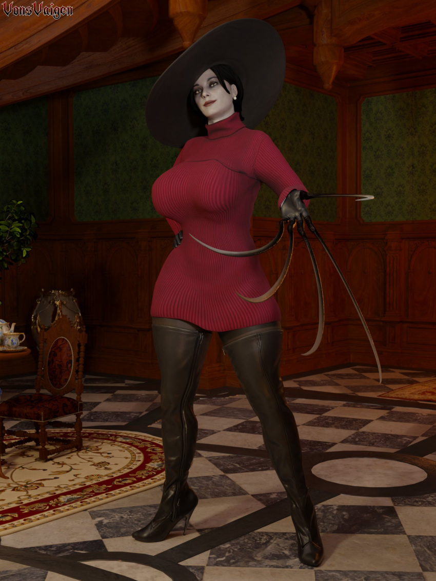 1girls 3d ada_wong ada_wong_(adriana) ada_wong_(cosplay) alcina_dimitrescu ass big_breasts blender brown_hair capcom claws cosplay dat_ass dress female female_only fit fit_female fully_clothed fully_dressed hat high_heel_boots high_heels looking_at_viewer mature_female milf pale-skinned_female pale_skin resident_evil resident_evil_4 resident_evil_4_remake resident_evil_8:_village solo sweater sweater_dress thick_thighs thigh_boots thighhigh_boots thighhighs vampire vonsvaigen yellow_eyes