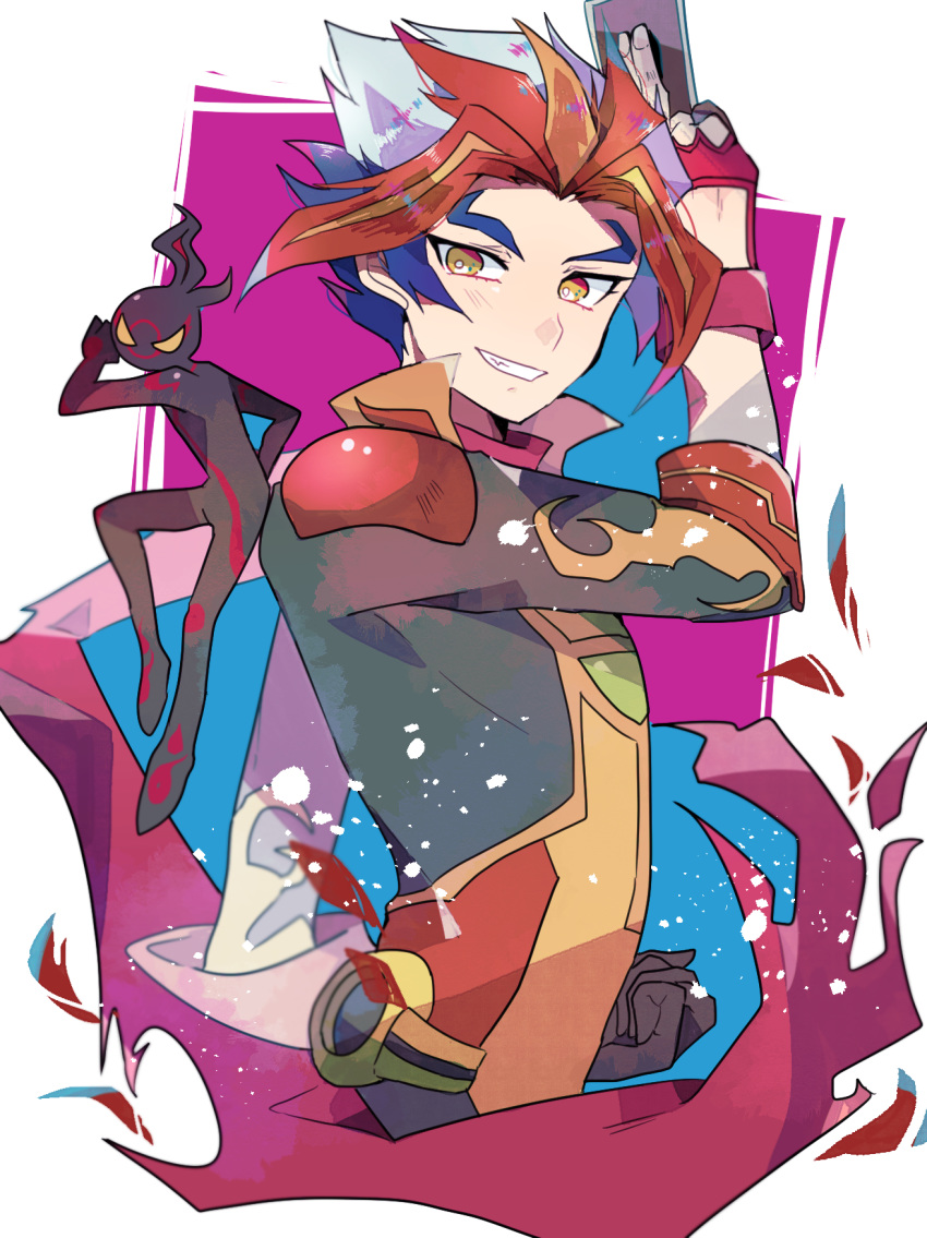 1boy black_skin card clenched_hand colored_skin fingerless_gloves flame_(yu-gi-oh!_vrains) gloves gradient_eyes grin highres holding holding_card homura_takeru multicolored_eyes multicolored_hair no_pupils scarf smile soulburner tasutekete upper_body yu-gi-oh! yu-gi-oh!_vrains