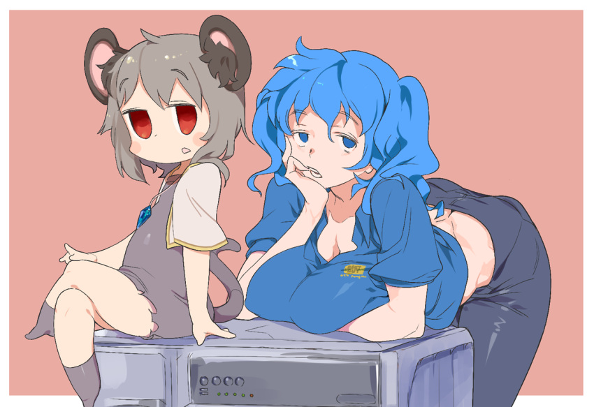 2girls 58.2kg animal_ear_fluff animal_ears best_buy black_pants blue_eyes blue_hair blue_shirt blush blush_stickers border breasts commentary_request cookie_(touhou) crystal dress dual_persona feet_out_of_frame full_body grey_dress grey_hair head_rest jewelry kawashiro_nitori kofji_(cookie) large_breasts leaning_forward looking_at_viewer medium_hair mouse_ears mouse_girl mouse_tail multiple_girls nazrin open_mouth outside_border pants pendant pink_background printer red_eyes shirt short_hair simple_background tail touhou two_side_up white_border