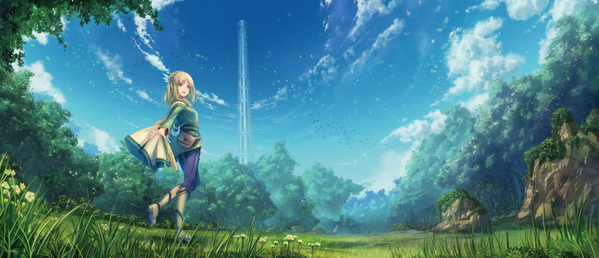 :d aqua_eyes bad_id bird blonde_hair blue_sky boots breasts cape cayna_(leadale_no_daichi_nite) cloud cover_image day earrings elf feather_hair_ornament feathers female flower forest from_side grass green_jacket hair_ornament hairband highres jacket jewelry knee_boots landscape leadale_no_daichi_nite leaf long_sleeves looking_at_viewer looking_to_the_side medium_breasts medium_hair nature novel_illustration official_art open_mouth outdoors outstretched_arms pants pointy_ears pouch rock sidelocks sky smile solo spread_arms standing standing_on_one_leg teeth tenmaso tower upper_teeth_only wide_shot