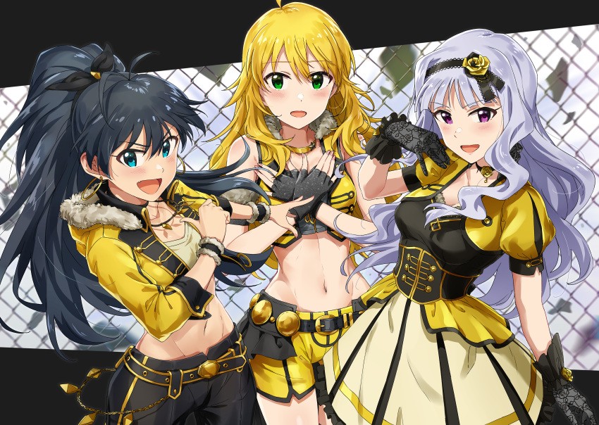 aqua_eyes ayano_yuu_(sonma_1426) black_hair blonde_hair blush breasts chains choker cleavage corset ganaha_hibiki gloves gray_hair green_eyes headband hoodie hoshii_miki idolmaster long_hair navel necklace oerba_yun_fang ponytail purple_eyes shijou_takane shorts skirt wristwear