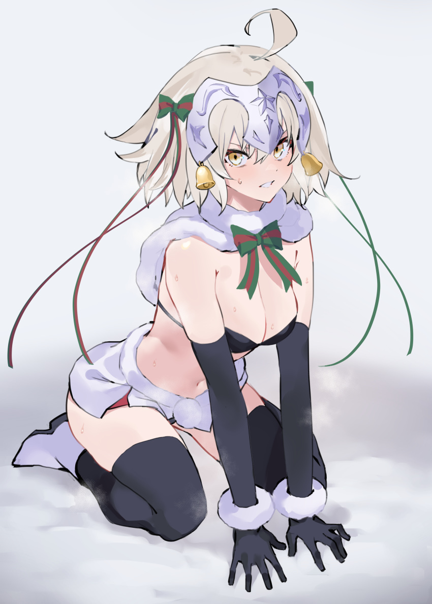 absurdres bare_shoulders bell black_bra black_gloves black_thighhighs boots bow bra breasts capelet cleavage cosplay elbow_gloves fate/grand_order fate_(series) female fur-trimmed_capelet fur-trimmed_gloves fur_trim gloves green_ribbons grey_hair headpiece highres jeanne_d'arc_alter_(avenger)_(fate) jeanne_d'arc_alter_(fate) jeanne_d'arc_alter_santa_lily_(fate) jeanne_d'arc_alter_santa_lily_(fate)_(cosplay) jikatarou kneeling large_breasts multicolored_bow multicolored_ribbon ribbon short_hair solo striped striped_bow striped_ribbon sweatdrop thighhighs undersized_clothes underwear white_capelet white_footwear yellow_eyes