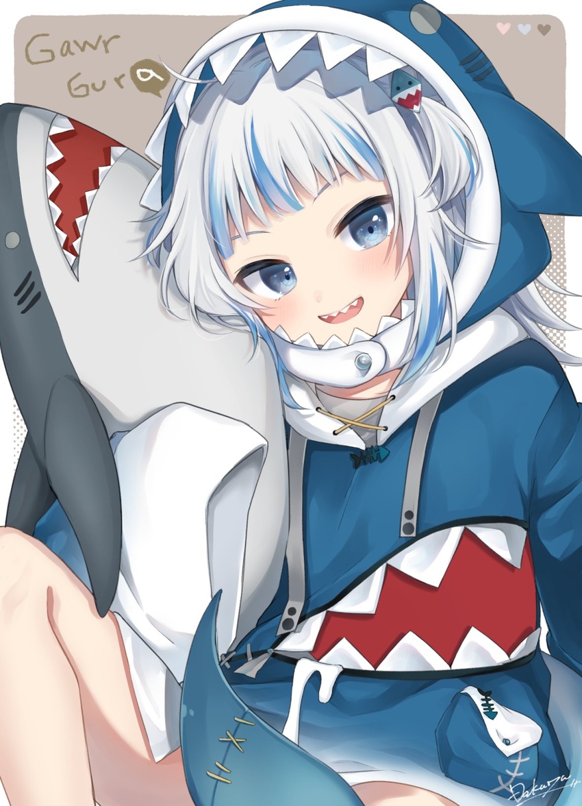 :d animal_costume animal_hood blue_eyes blue_hair blue_hoodie blunt_bangs dakuryuu female fins fish_tail gawr_gura gawr_gura_(1st_costume) grey_hair highres hololive hololive_english hood hoodie light_blush looking_at_viewer medium_hair multicolored_hair open_mouth shark_costume shark_girl shark_hood shark_tail sharp_teeth signature sitting sleeves_past_wrists smile solo streaked_hair stuffed_animal stuffed_toy tail teeth two_side_up upper_teeth_only virtual_youtuber wide_sleeves