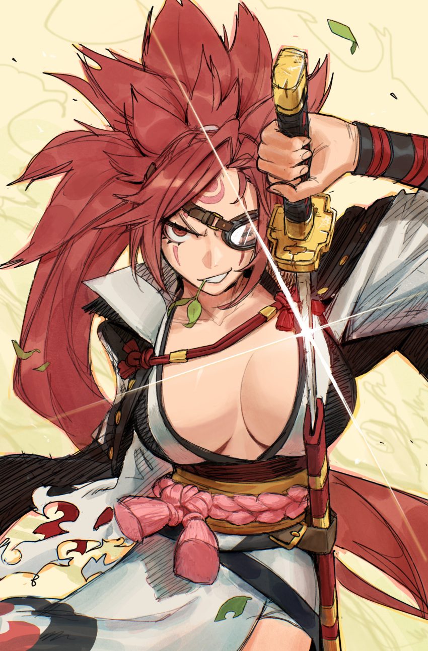 absurdres baiken breasts commentary edpan english_commentary eyepatch female forehead_tattoo glint grin guilty_gear highres holding holding_sword holding_weapon japanese_clothes katana kimono large_breasts looking_at_viewer mouth_hold obi red_eyes red_hair rope sanpaku sash scabbard sheath shimenawa smile solo stalk_in_mouth sword tassel unsheathing weapon