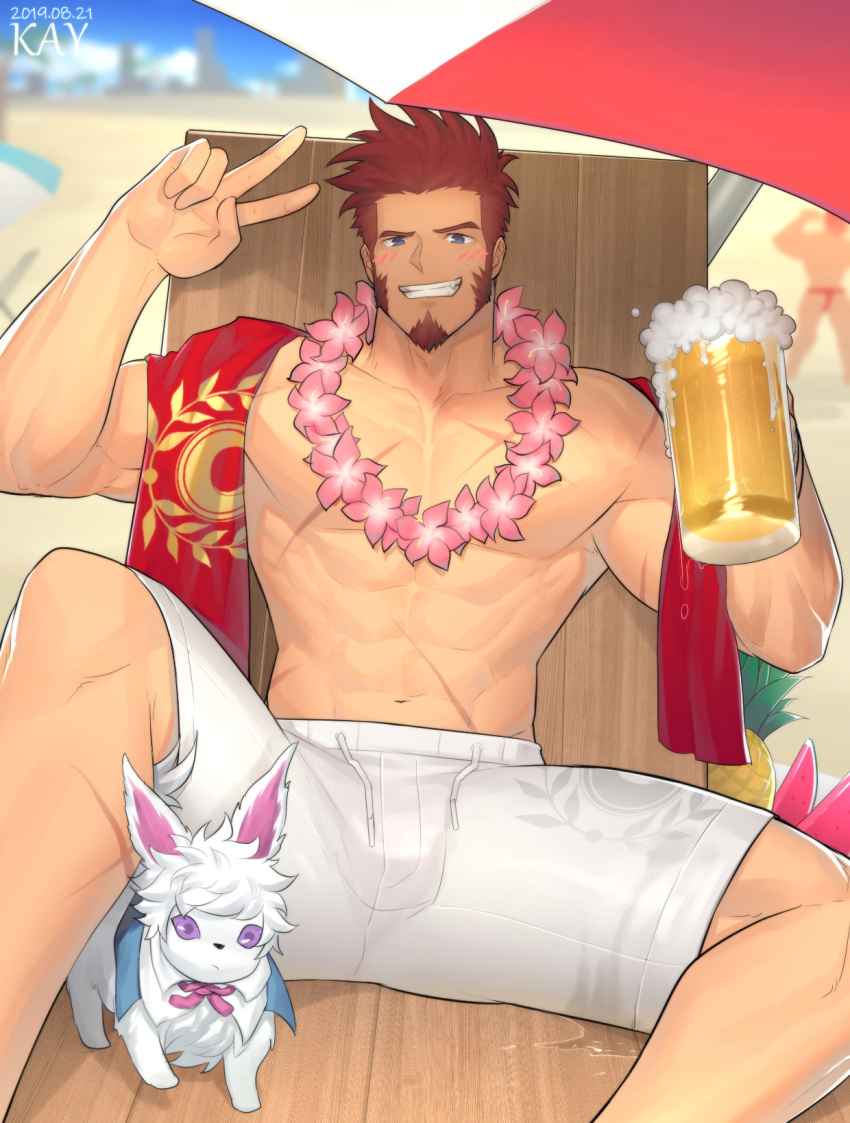 1boy :d abs alcohol bara beer blue_eyes blush brown_hair commentary_request facial_hair fate/grand_order fate_(series) feet_out_of_frame flower flower_necklace fou_(fate) goatee highres hunterkay jewelry large_pectorals long_sideburns looking_at_viewer male_focus male_swimwear muscular muscular_male napoleon_bonaparte_(fate) necklace pectorals scar short_hair sideburns sitting smile solo summer swim_trunks swimsuit umbrella v victory_pose white_male_swimwear