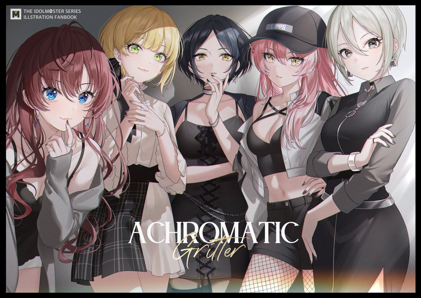 5girls alternate_costume bangle black_camisole black_dress black_footwear black_jacket black_tank_top blush bracelet camisole collarbone comiket_100 cover cover_page cowboy_shot crop_top cross-laced_clothes doujin_cover dress earrings fishnet_pantyhose fishnets grey_jacket hayami_kanade highres ichinose_shiki idolmaster idolmaster_cinderella_girls jacket jacket_on_shoulders jewelry jougasaki_mika lipps_(idolmaster) looking_at_viewer mairo miyamoto_frederica multiple_girls nail_polish pantyhose plaid plaid_skirt ring shiomi_syuko side_slit skirt tank_top