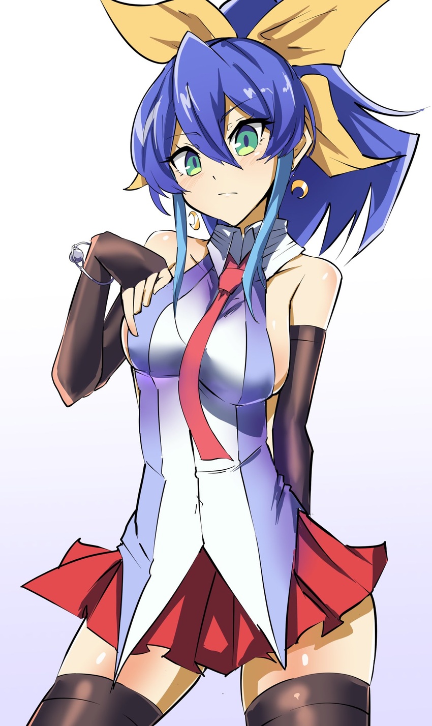 bare_shoulders blue_hair bow bracelet breasts cosplay cowboy_shot earrings elbow_gloves female fingerless_gloves gloves green_eyes hair_between_eyes hairbow highres hiiragi_yuzu hiiragi_yuzu_(cosplay) jewelry looking_at_viewer multicolored_hair necktie ponytail serena_(yu-gi-oh!) sideboob skirt sleeveless solo synchroman thighhighs two-tone_hair yu-gi-oh! yu-gi-oh!_arc-v zettai_ryouiki