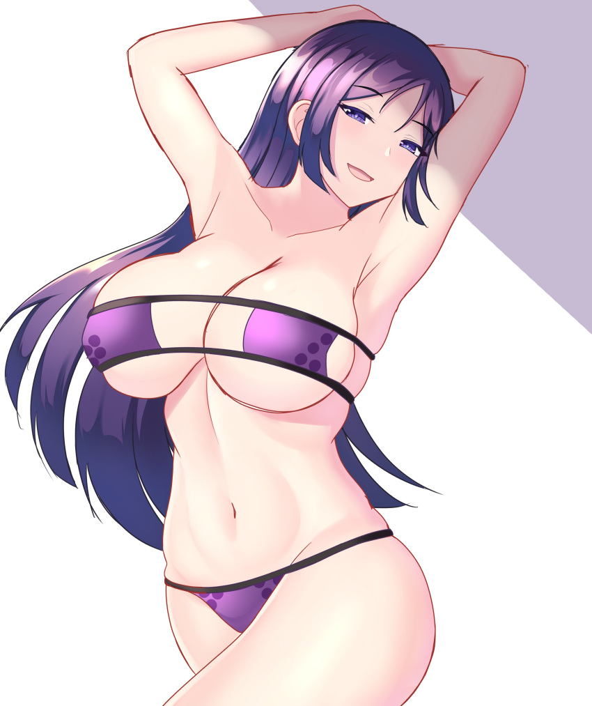 :d absurdres arms_behind_head bikini breasts eyebrows eyepatch_bikini fate/grand_order fate_(series) female highres jifuwabe large_breasts mature_female minamoto_no_raikou_(fate) minamoto_no_raikou_(swimsuit_lancer)_(fate) naughty_face open_mouth pinup_(style) purple_bikini purple_eyes purple_hair shadow smile swimsuit thighs