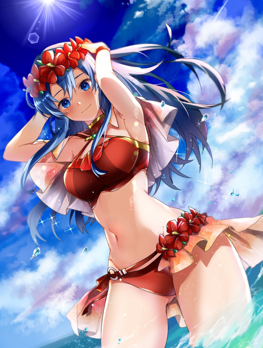 armpits arms_up ass_visible_through_thighs bare_shoulders beach bikini blue_eyes blue_hair breasts capelet closed_mouth commentary_request cowboy_shot day dutch_angle female fire_emblem fire_emblem:_the_binding_blade fire_emblem_heroes flower flower_wreath hair_flower hair_ornament head_wreath hibiscus highres lens_flare lilina_(fire_emblem) lilina_(summer)_(fire_emblem) long_hair looking_at_viewer medium_breasts navel nekolook ocean outdoors partial_commentary red_bikini red_flower sky smile solo sparkle stomach sun sunlight swimsuit waist_cape water