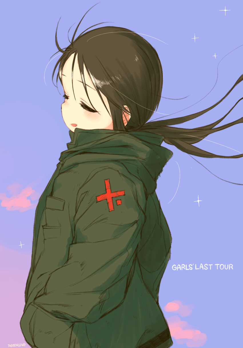 bad_id bad_pixiv_id black_hair blush chito_(shoujo_shuumatsu_ryokou) closed_eyes cloud coat copyright_name english_text engrish_text female from_side green_coat hand_in_pocket highres long_hair military military_uniform no_headwear open_mouth pocket ranguage shoujo_shuumatsu_ryokou signature sky solo sparkle turbo_engine_(rakugaki_tabo) uniform