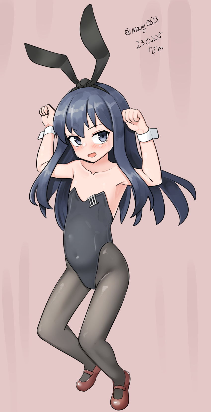 absurdres akatsuki_(kancolle) animal_ears badge black_hair black_leotard black_pantyhose bunny_pose dated female flat_chest full_body grey_eyes highres kantai_collection leotard maru_(marg0613) mary_janes one-hour_drawing_challenge pantyhose pink_background playboy_bunny rabbit_ears red_footwear shoes solo strapless strapless_leotard twitter_username wrist_cuffs